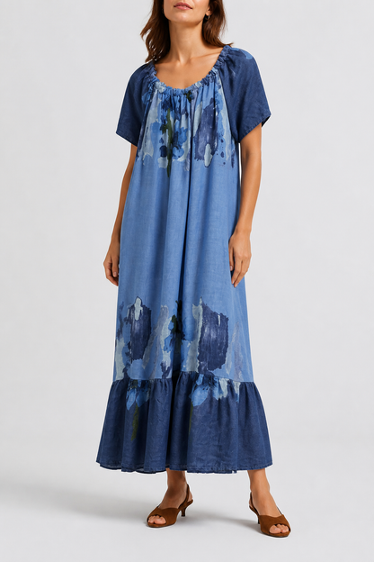 Vestido lino estampado palabra honor 695