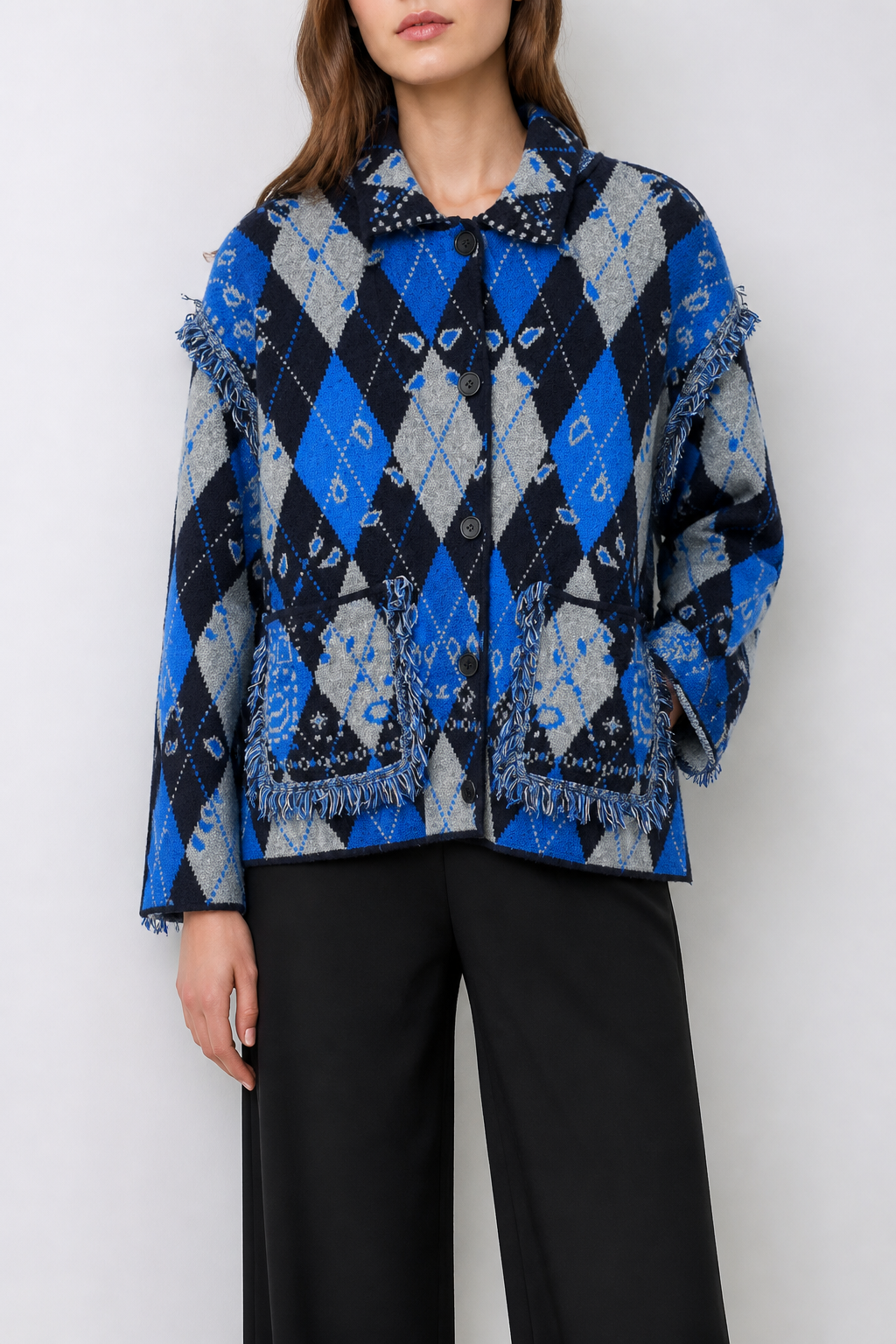 Chaqueta rombos flecos lana 509