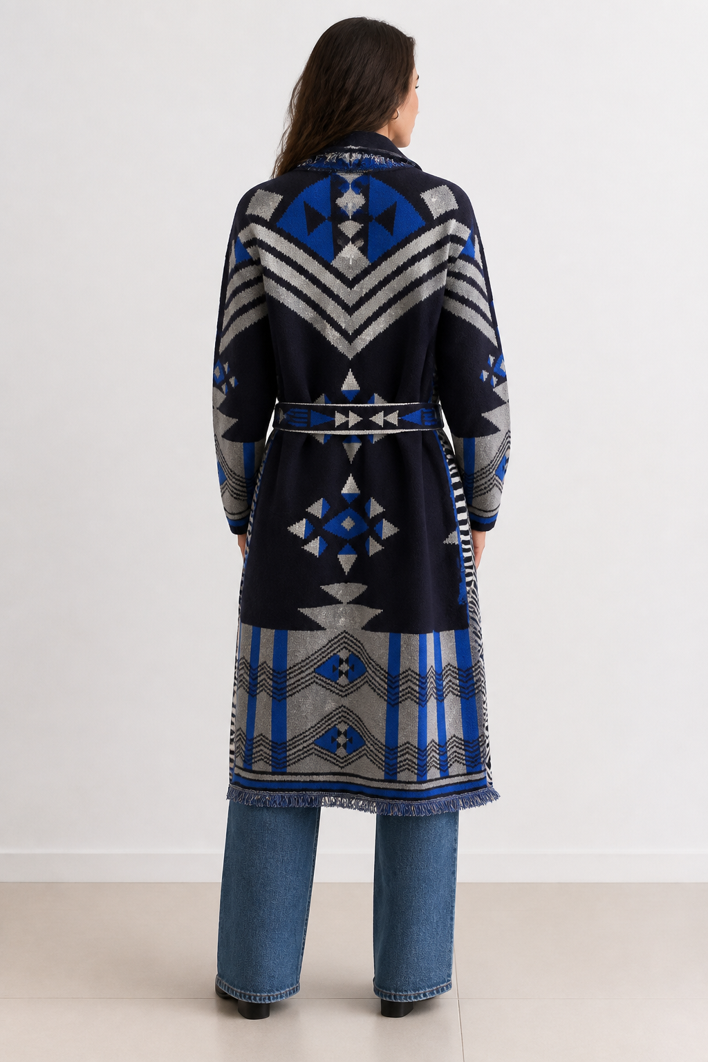 Chaqueta larga cardigan flecos lana rombo 518