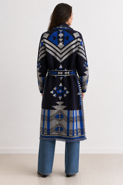 Chaqueta larga cardigan flecos lana rombo 518