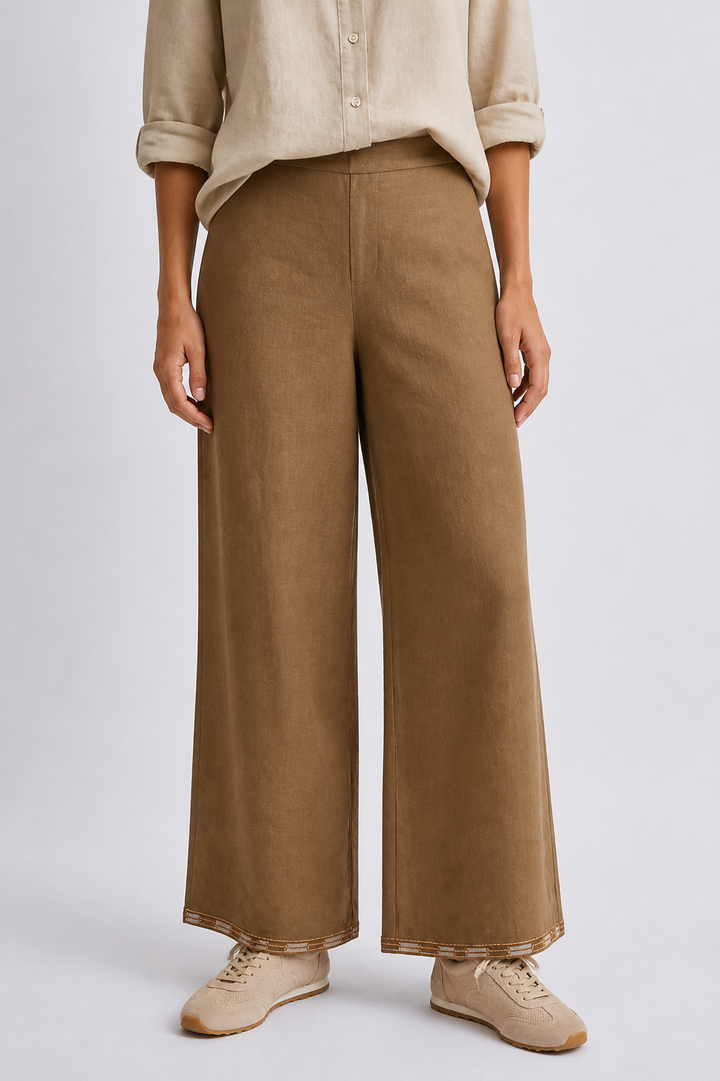 Pantalón remate bordado lino Y063