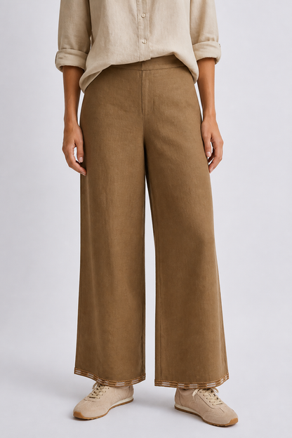 Pantalón remate bordado lino Y063