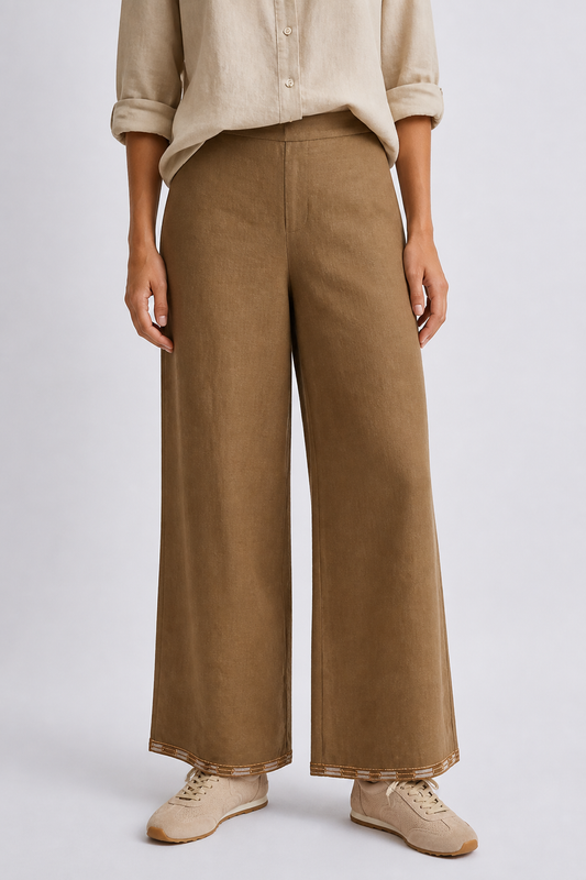 Pantalón remate bordado lino Y063
